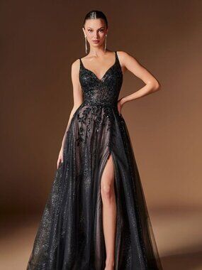 Ladivine Black Nude Sleeveless Line Sparkling Prom Floral Motif Gown Evening